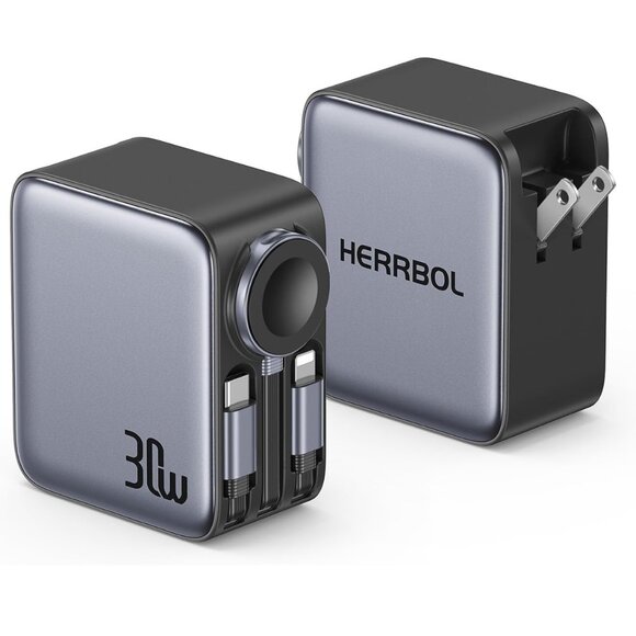 30W Fast Retractable Charger for Travel Essentials, 3 in 1 Retractable Wall Char - Picture 1 of 8